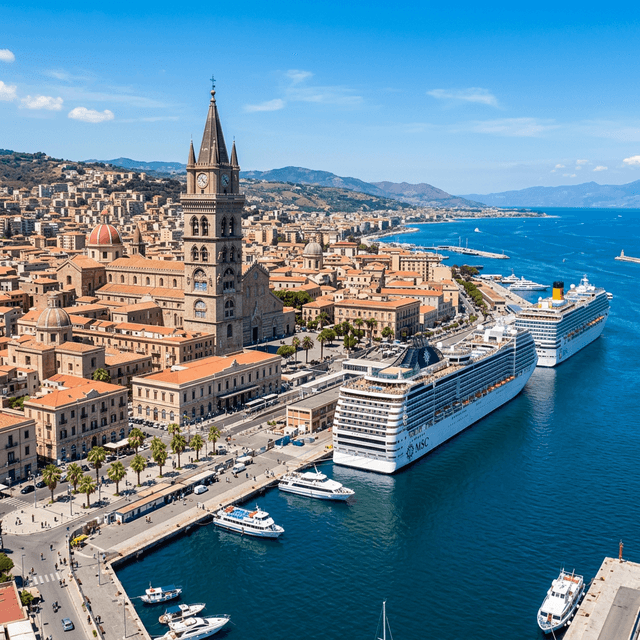 Messina cruise port with cruise ships and Cathedral bell tower