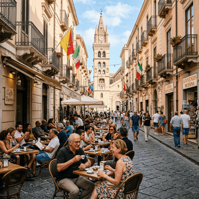 Cobblestone street in historic Messina with outdoor cafes
