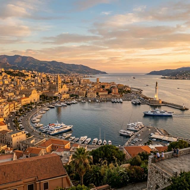 A stunning panoramic view over Messina Sicily and harbor at golden hour