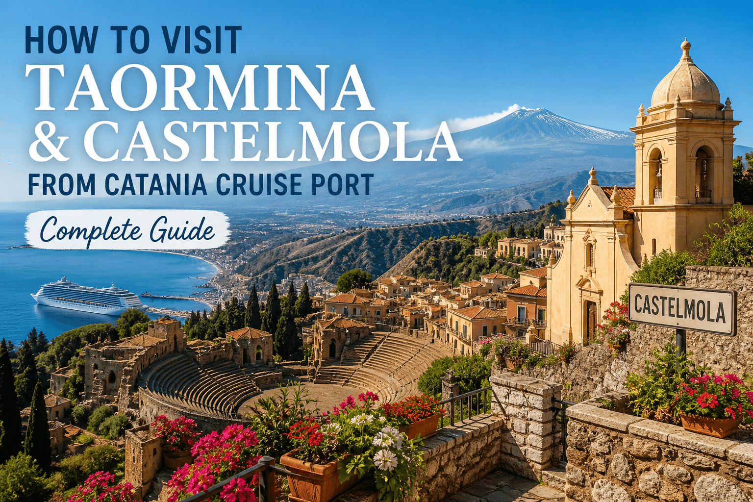 Taormina and Castelmola from Catania cruise port panoramic view with Mount Etna coastline historic streets and Greek Theatre Sicily