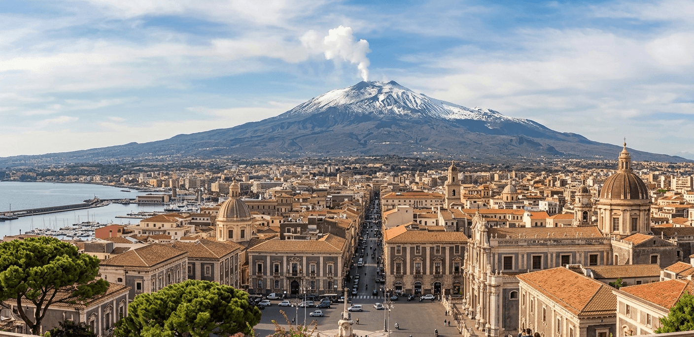 Is Catania worth visiting on a cruise stop city view Mount Etna background historic center and Sicily coastline